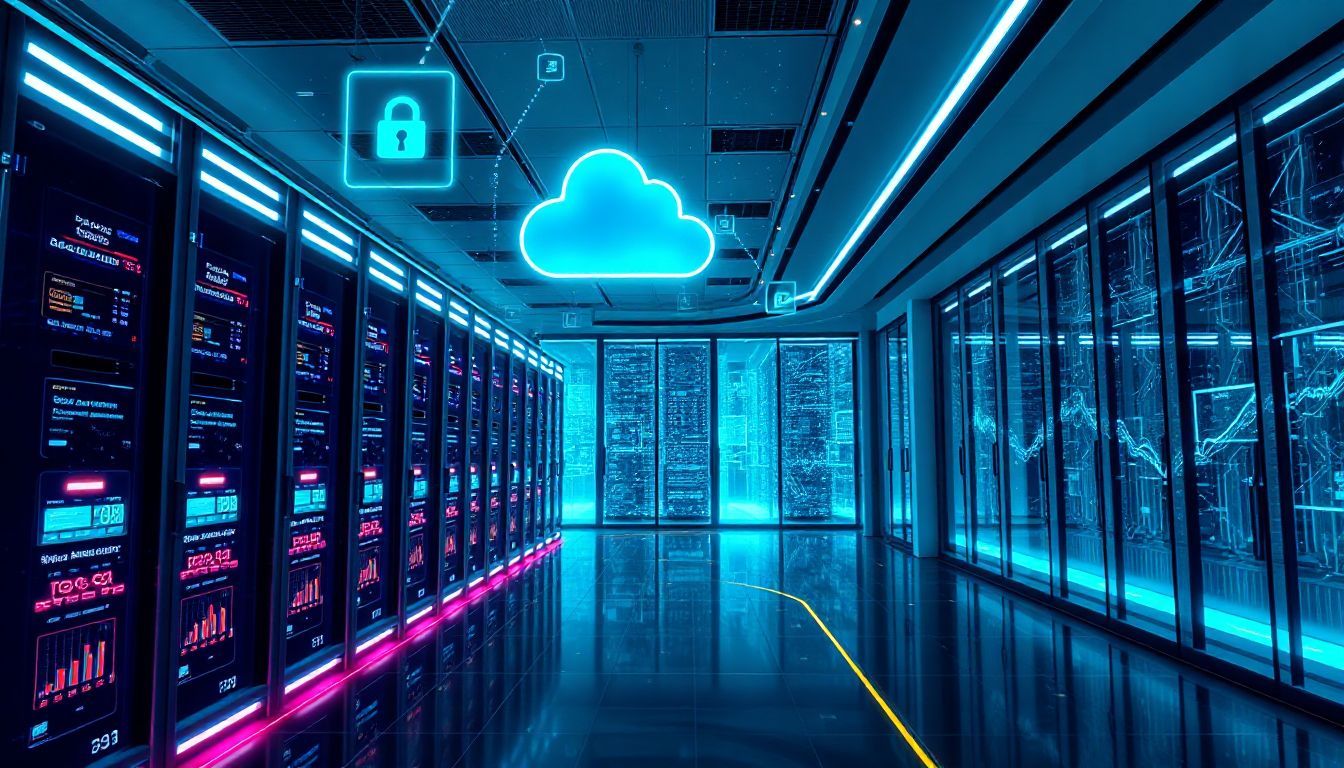 High-tech virtual data center with glowing servers and cloud security icons representing advanced digital infrastructure and cloud computing environments.
