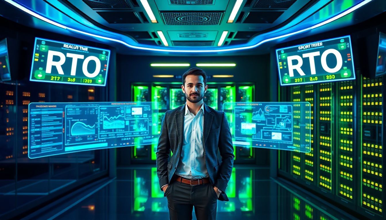 A professional standing confidently in a high-tech data center with holographic displays showing "RTO" (Recovery Time Objective) and "RPO" (Recovery Point Objective) metrics, surrounded by advanced server racks and real-time data analytics.