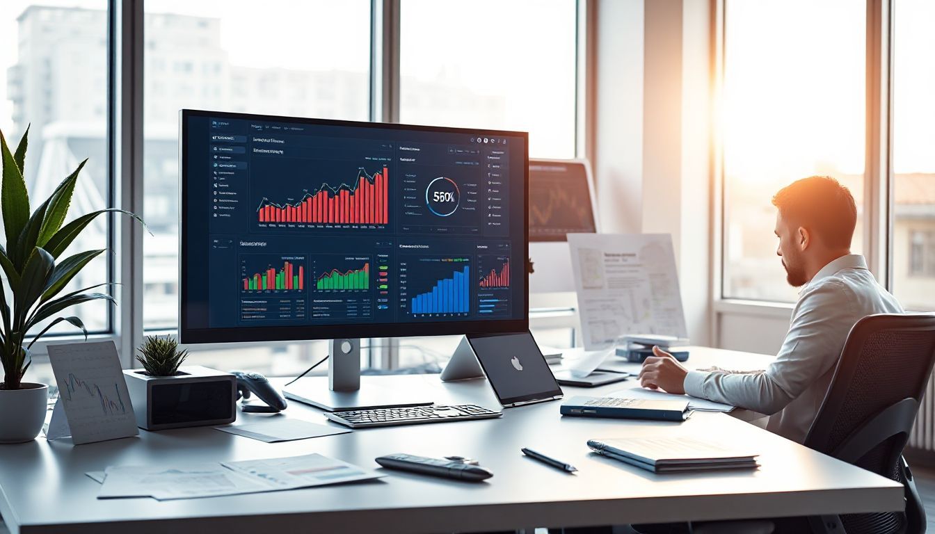 A professional working at a desk with a large monitor displaying charts and data, optimizing content for 'answer engine optimization' in a modern office with natural light and plants.