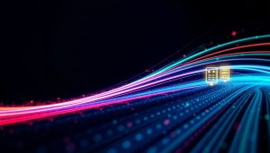 Abstract digital background with glowing neon lines and icons symbolizing data transfer, highlighting why website loading speed matters in business.