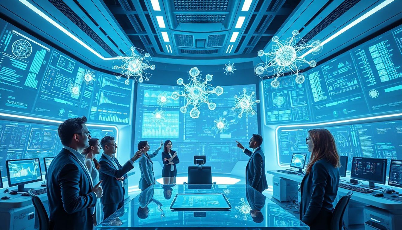 A high-tech control room with professionals analyzing holographic data and charts, discussing 'which llm is the best' in an advanced AI research environment.