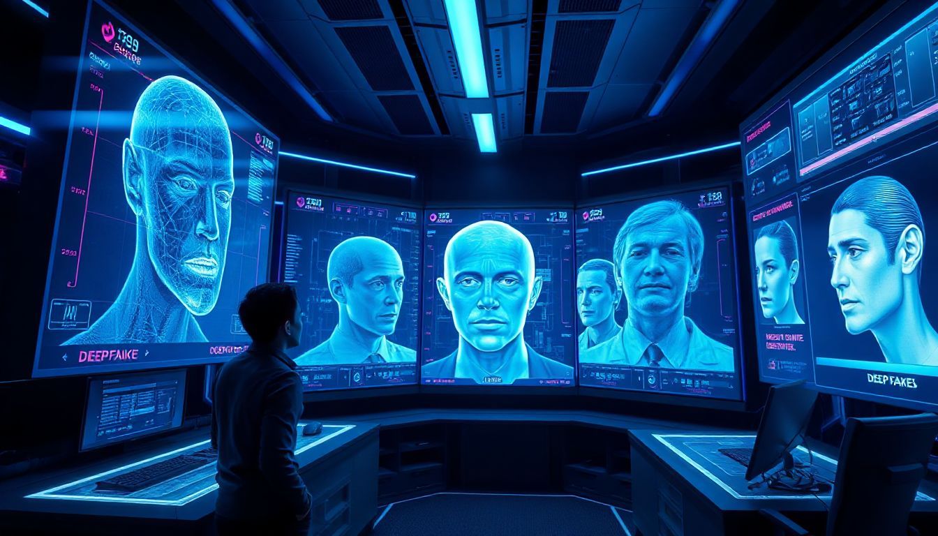 "A futuristic control room with multiple screens displaying deepfake detection technology, featuring holographic faces and data analysis interfaces.