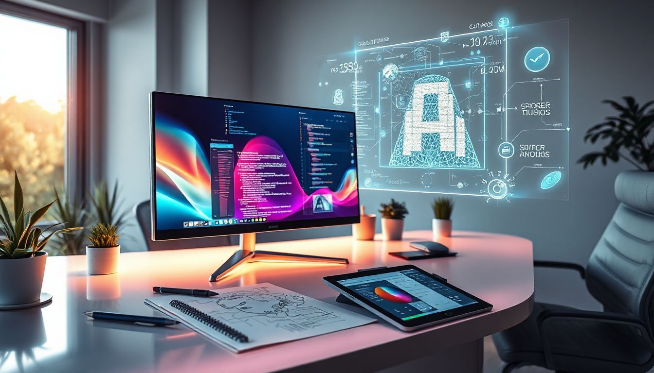 A modern workspace featuring content creation with AI, with a computer displaying code, a tablet showing design software, and a holographic AI interface projected above a desk with plants and sketchbooks.