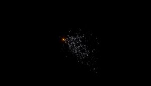 Abstract digital representation of an AI project failure rate, featuring a glowing orange node with scattered, interconnected nodes dispersing into a dark background, symbolizing the breakdown or complexity of AI initiatives.