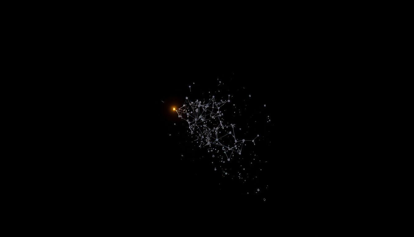 Abstract digital representation of an AI project failure rate, featuring a glowing orange node with scattered, interconnected nodes dispersing into a dark background, symbolizing the breakdown or complexity of AI initiatives.