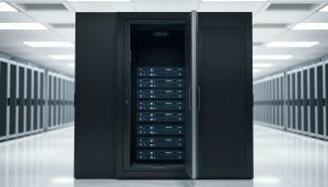 Open colocation cabinet in a modern data center, showcasing multiple server racks with glowing blue lights, surrounded by rows of similar cabinets in a clean, well-lit room.