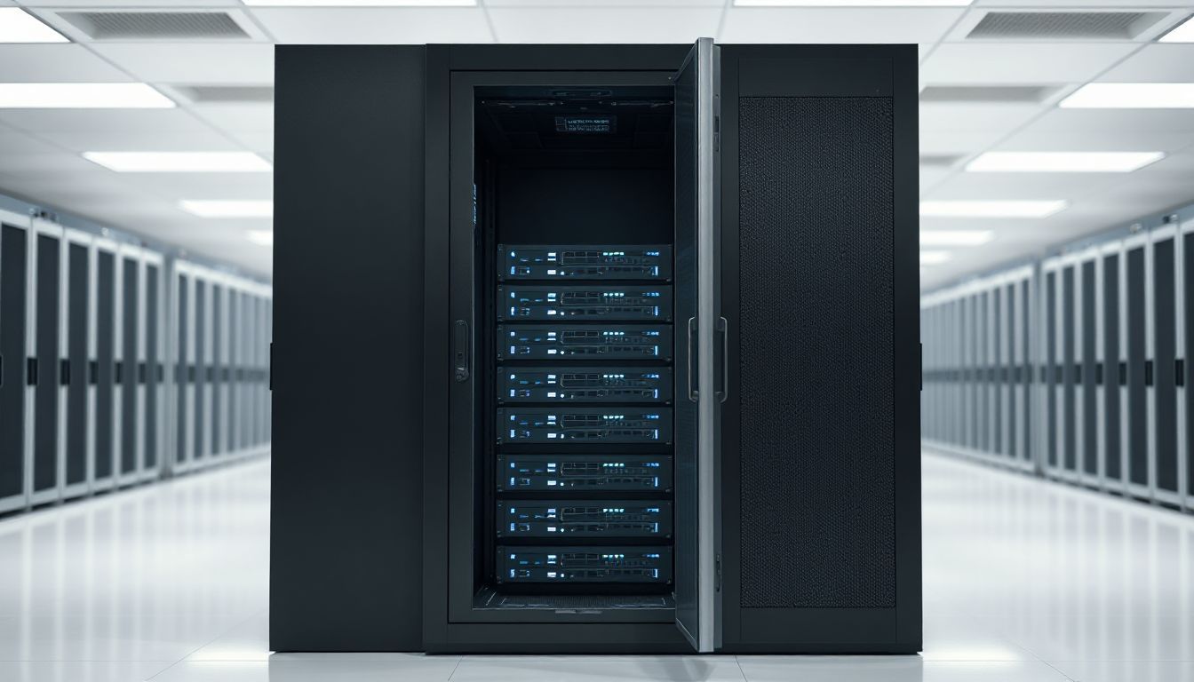 Open colocation cabinet in a modern data center, showcasing multiple server racks with glowing blue lights, surrounded by rows of similar cabinets in a clean, well-lit room.