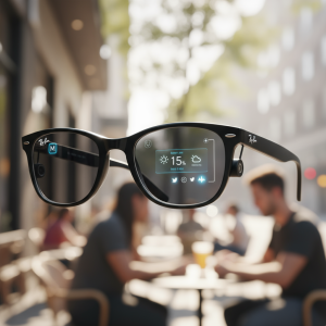 Futuristic Ray-Ban meta AI glasses displaying weather information and social media icons, worn by a person.