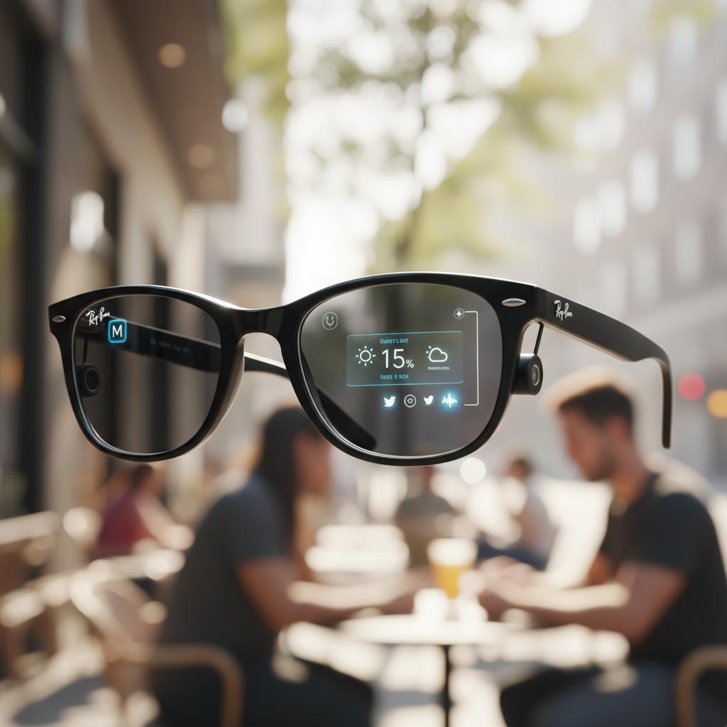 Futuristic Ray-Ban meta AI glasses displaying weather information and social media icons, worn by a person.