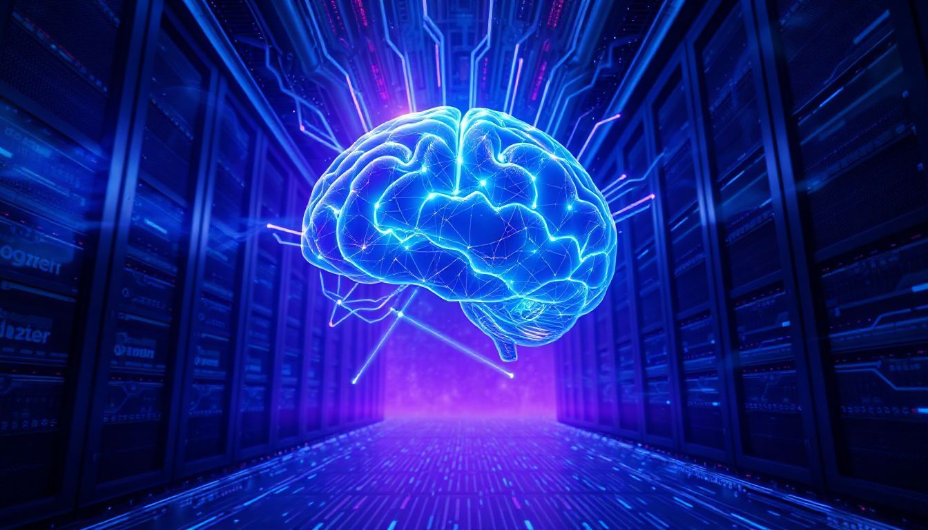 Futuristic digital brain hologram glowing in blue and purple hues, integrated within a high-tech data center with server racks, representing Google DeepMind's AI technology.