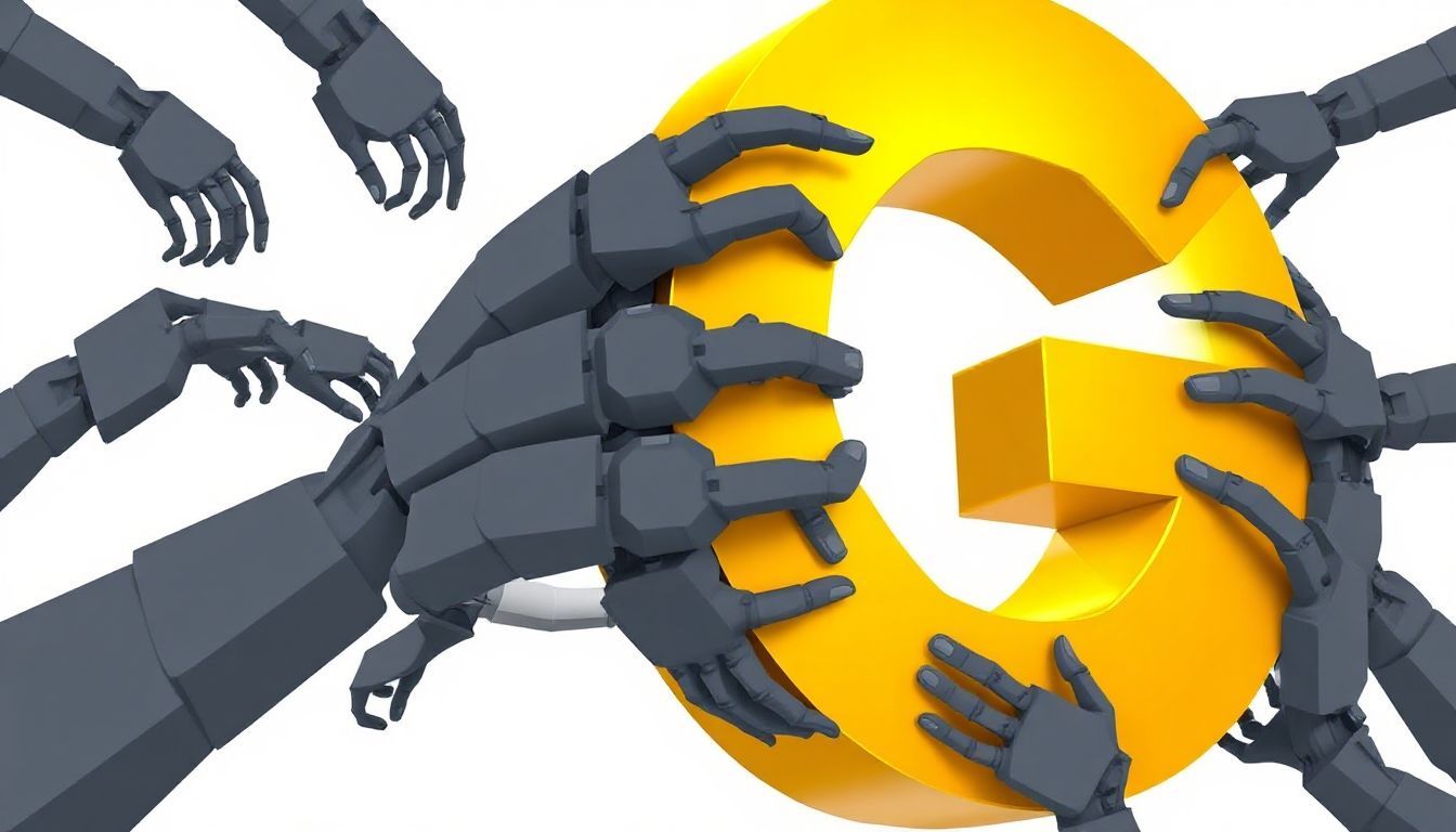 Multiple robotic hands gripping a large yellow 'G' symbol, representing the google antitrust lawsuit.