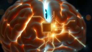 A futuristic image of a brain with glowing circuitry and a central Neuromorphic Chips, symbolizing advanced neural computing technology.