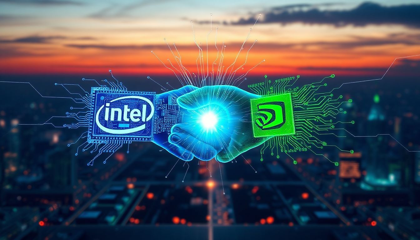 Intel and NVIDIA partnership handshake with glowing circuit patterns over a cityscape at sunset, symbolizing tech collaboration.
