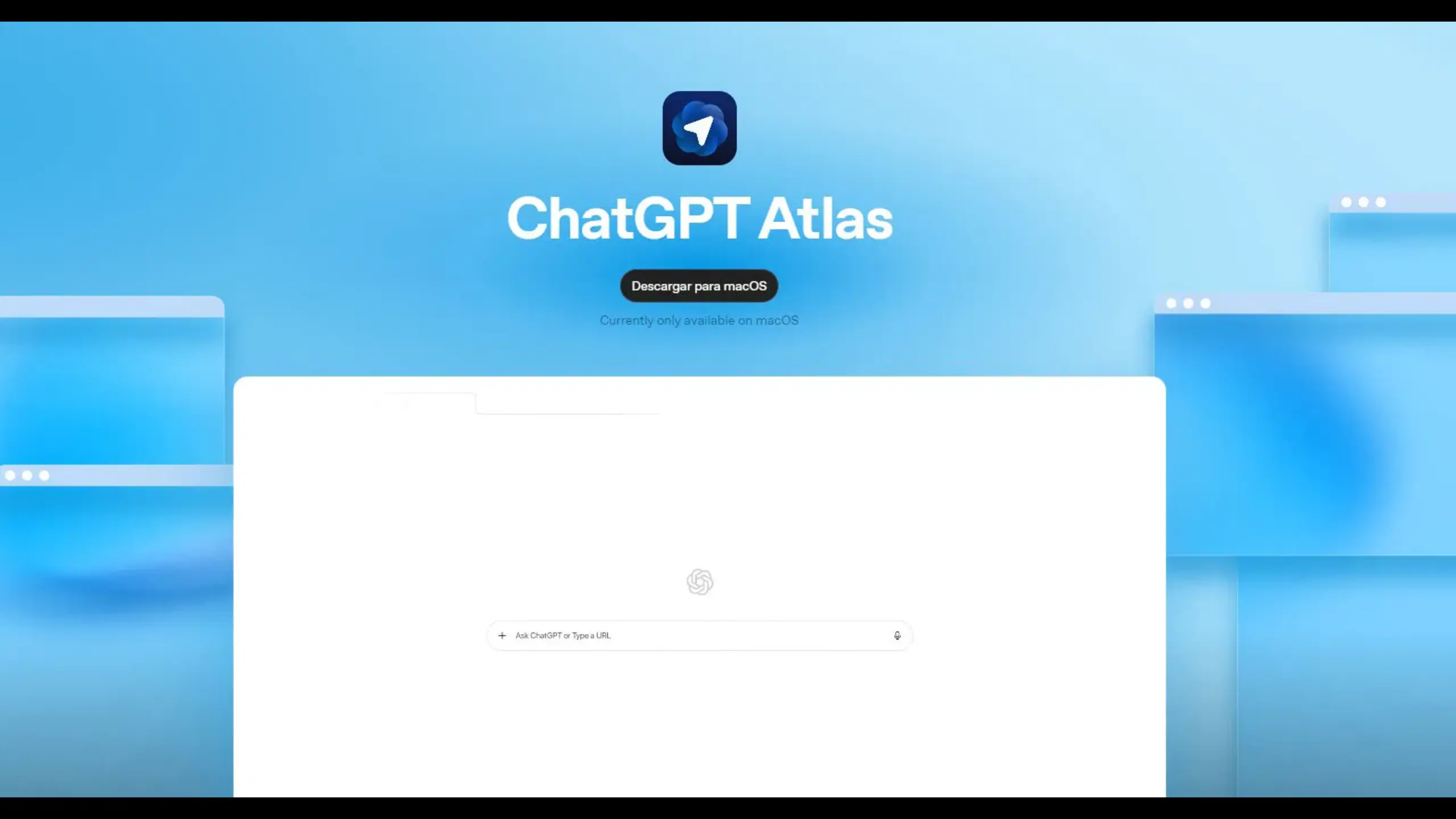 Open AI browser interface featuring ChatGPT Atlas with a download button for macOS, displayed on a light blue background with a search bar.
