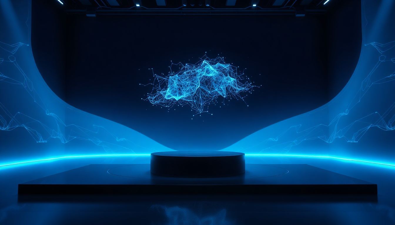 Futuristic holographic display at OpenAI DevDay 2025, featuring a glowing blue neural network above a sleek pedestal in a high-tech environment.