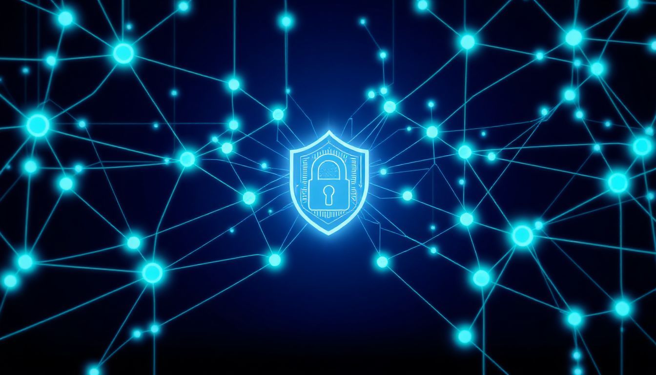 IoT security illustration with a glowing shield and lock icon at the center of a network of interconnected nodes on a dark background.