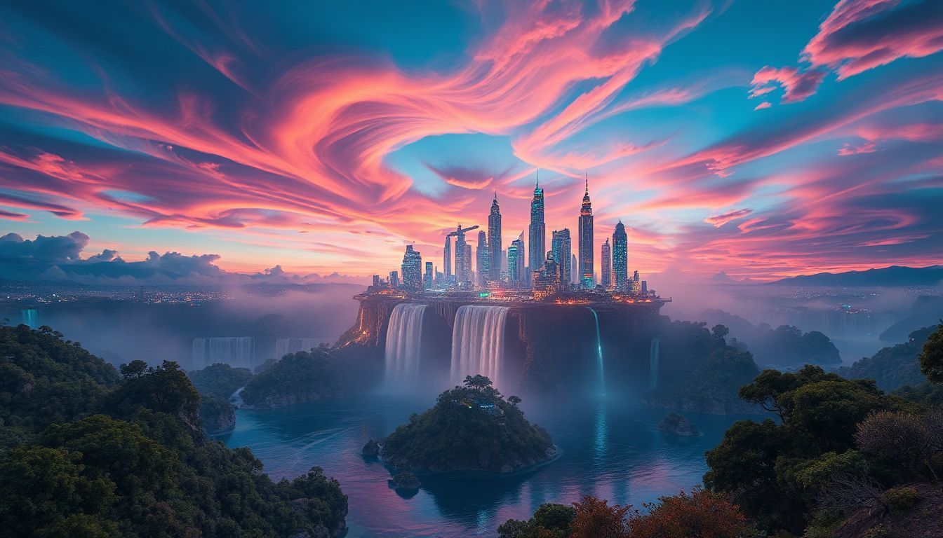 A stunning futuristic cityscape created by Open AI Sora 2, featuring towering skyscrapers atop a floating island with cascading waterfalls, surrounded by lush greenery and a vibrant, colorful sky at sunset.