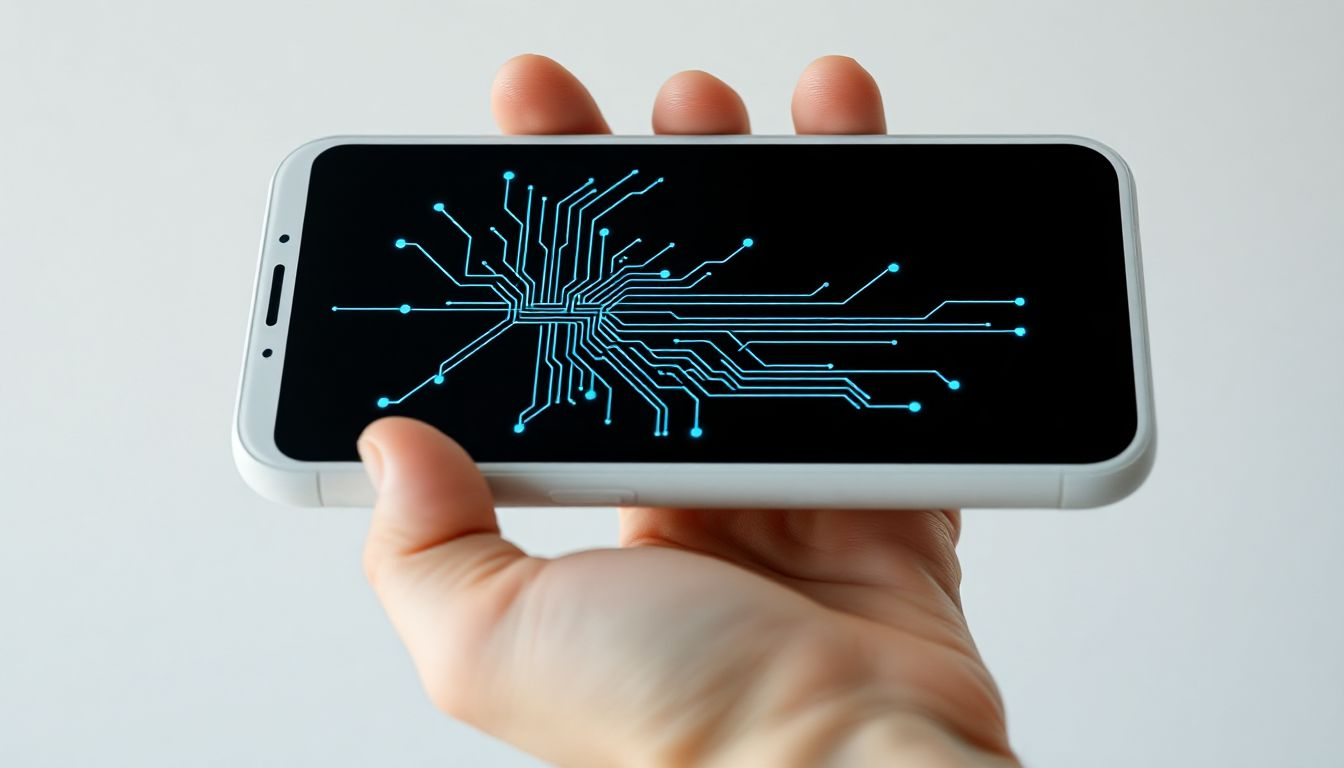 A hand holding a smartphone displaying a circuit board pattern, representing the free software foundation smartphone technology.